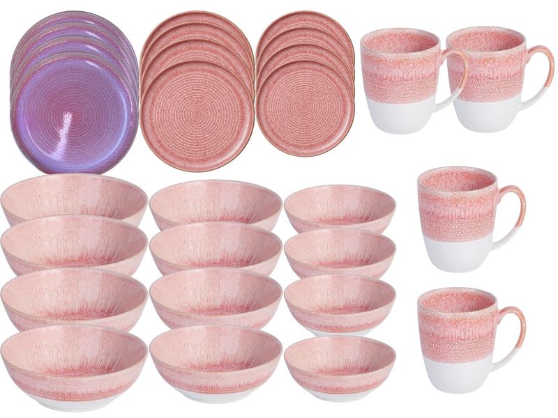 Ceramic Dinner Set with Mugs - Light Pink and White - 28-Piece Set