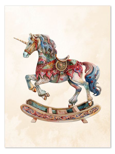 Nursery Wall Art: Bohemian Wooden Rocking Unicorn (Printed Poster)