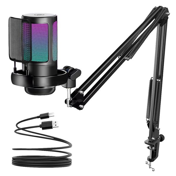 Gaming USB Microphone, Noise Cancellation Condenser Mic with Boom Arm