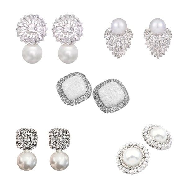 5 Pairs - Statement Earrings With Cubic Zirconia &amp; Pearl Accents - Silver