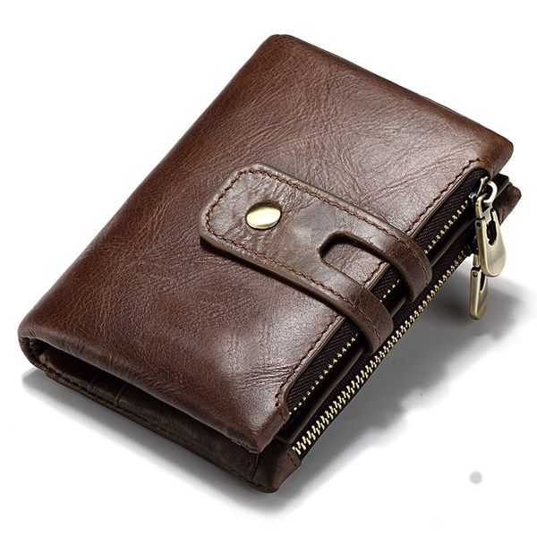 IPSTYLE Wallet Men RFID Genuine Leather Hasp Zipper Card Holder Coin Purse
