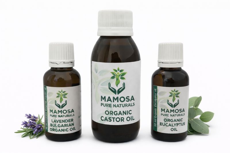 Mamosa Pure Naturals Organic oil set. Castor, Eucalyptus and Lavender