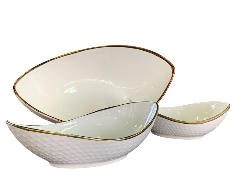 Quality White Twisted Embossed Bowl With Gold Rim 3pc set