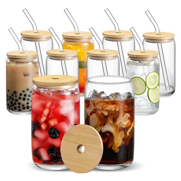 10 Piece Glass Cups with Bamboo Lids and Glass Straw-16oz Glass Cups