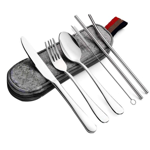 Stainless Steel Portable Cutlery Set Box - Silver Set - Gray Storage Bag