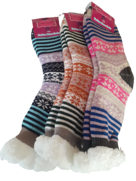 3 Pairs Assorted Color Designs &amp; Patterns Non Slip Winter Socks 100% Wool