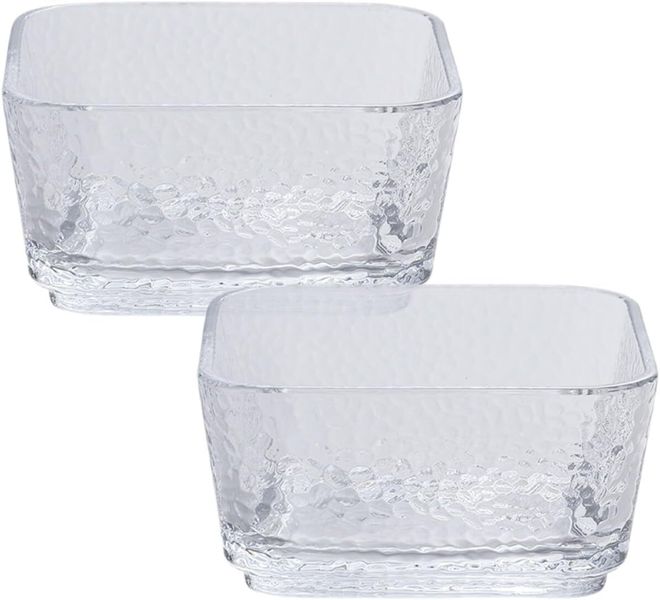 2 Japanese Style Hammered Glass Square Serving Bowls 4-inch Decorative