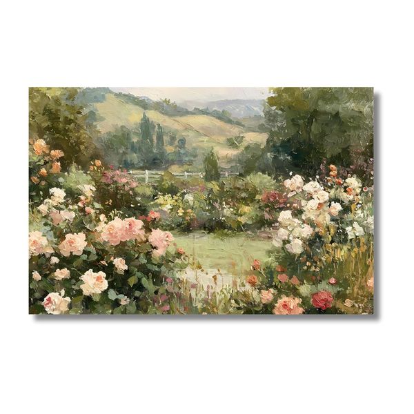 Serene Landscape of Blooming Roses, Impressionist Fine Art Archival Print