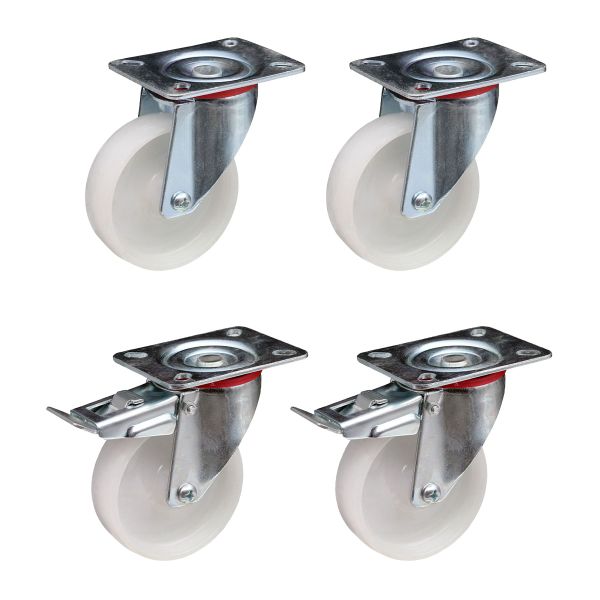 White Nylon Wheel Swivel Plate &amp; Brake Castors 80mm