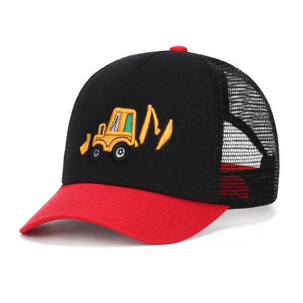Cartoon Excavator Embroidery Pattern Mesh Cap for Children Aged 2-6