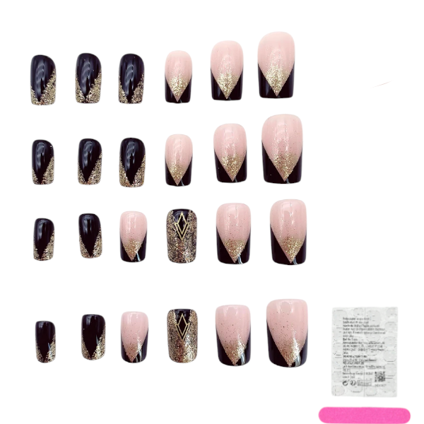 24Pcs Glamorous Black and Gold Glitter Press-On Nail Set - Black