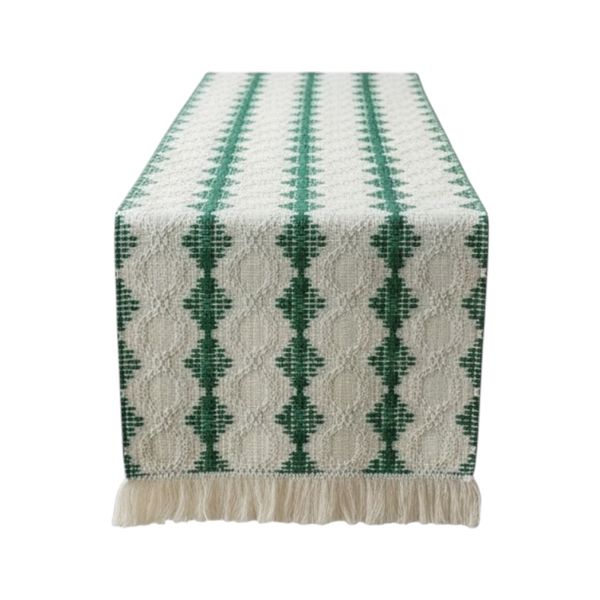 Elegant Woven Green and Cream Cotton Crochet-Look Table Runner-30 × 180cm