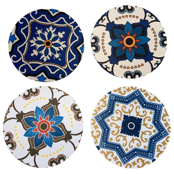 Wooden Coasters with Blue Mandala Pattern
