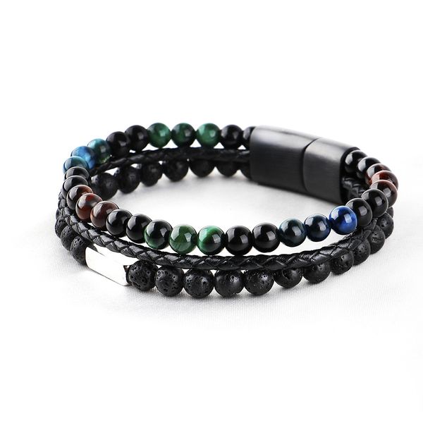 Men's Double Row Tiger Eye &amp; Lava Stone Leather Bracelet