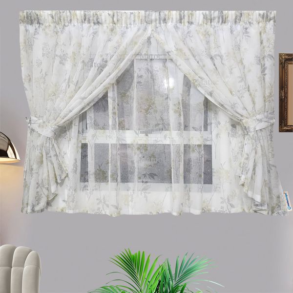 Matoc Designs Café Curtain-Double Layer-Intricate Blooms Silver Cream-Taped