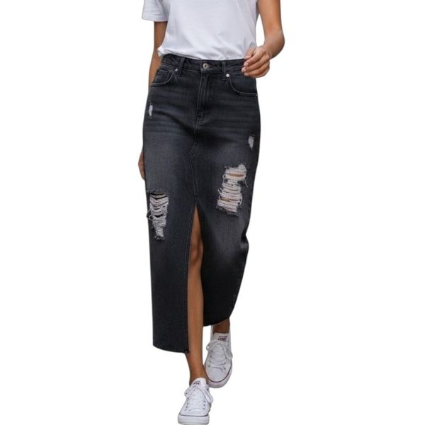 Casual Ripped Front Slit Denim Skirt Dark Grey