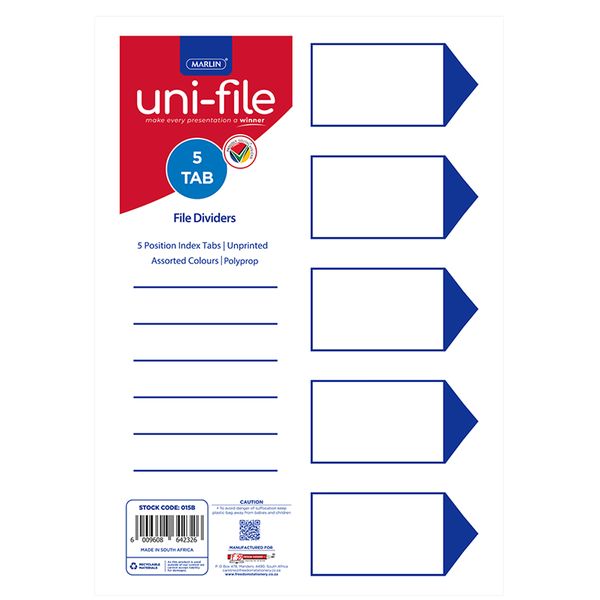 Uni-file File Divider, 5 Tab polypropylene board (1 - 5) Pack of 5