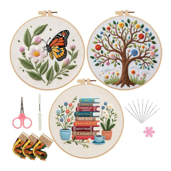 3 Pack Floral Embroidery Kit For Beginners With Hoop, Diy Hand Sewing Craft