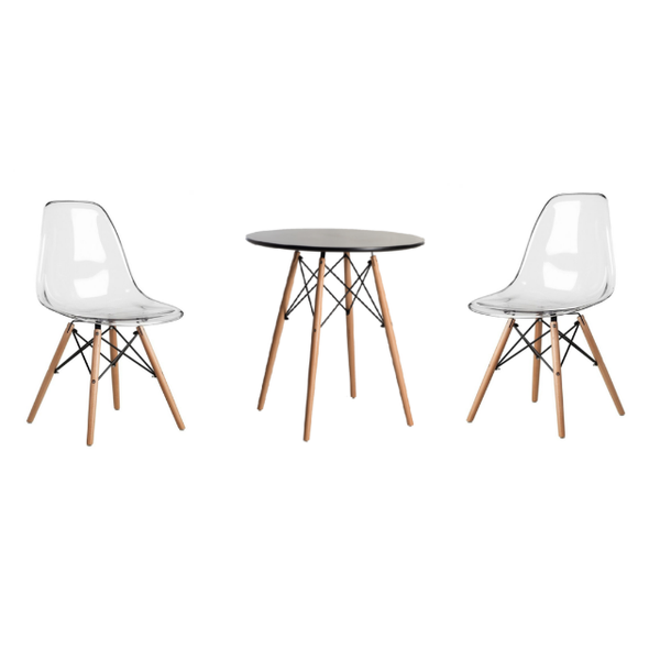 3 Piece Wooden Table and Clear Wooden Leg Chairs - Black