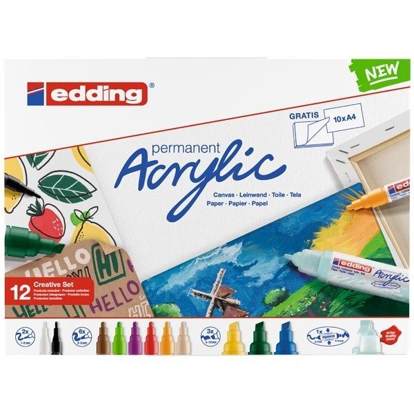 Edding - Permanent Acrylic Creative Set 12 Plus A4 Atist Pad 10 Sheet