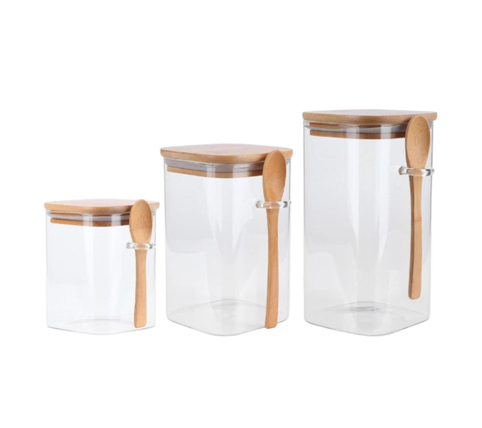 Airtight Glass Jars 3 Piece with Wooden Lids and Spoon