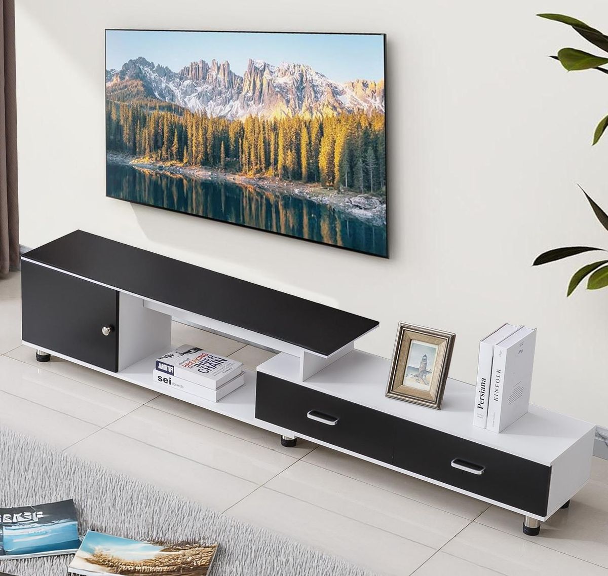 Extendable TV Stand Adjustable Length Media Console with Storage Drawer