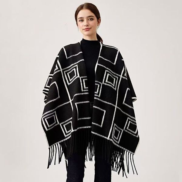 Warm Open Front Poncho Ladies Jacquard Geometic Black Shawl Blanket