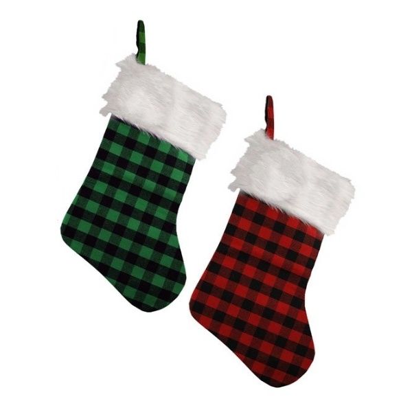 Checkered Christmas Stockings - Green &amp; Red (Pack of 6) 40cm