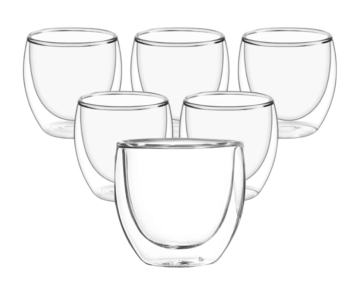 6 Pack Clear Double Wall Glass Cup 0.25L for Cappucino Espresso Tea Cup