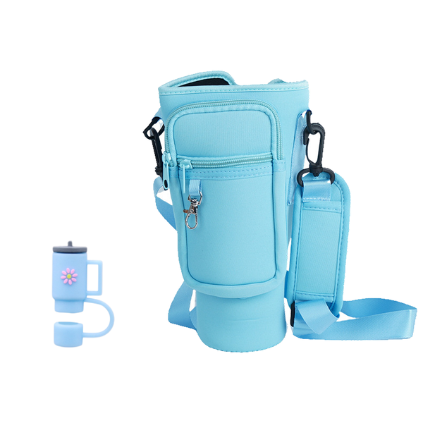 Travel Mug Carrier Bag with Straw Cover - Fits 40oz Tumbler - Blue