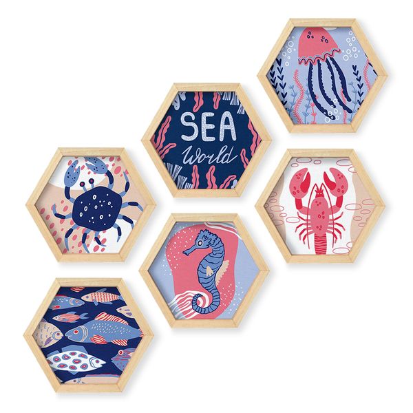 Cape Art Wall Art Pine Hex 6 Piece Collage - Sea Life