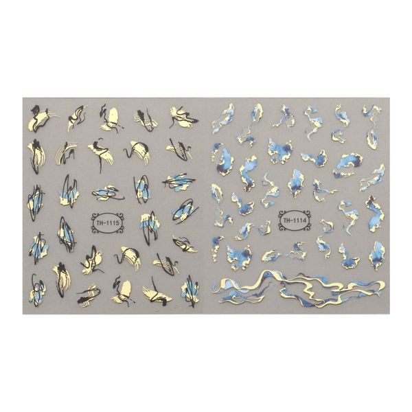 Nail Art Stickers - Blue, Black and Gold Abstract Patterns 2 Sheets