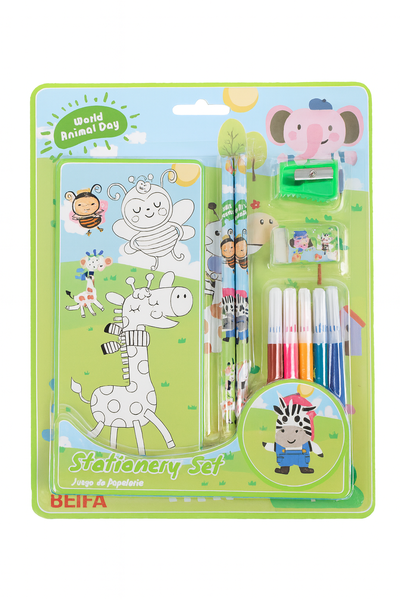Stationery Set-4 Sheets,2Pencil,Eraser,Sharpener,5-color WaterPen-12 x Sets