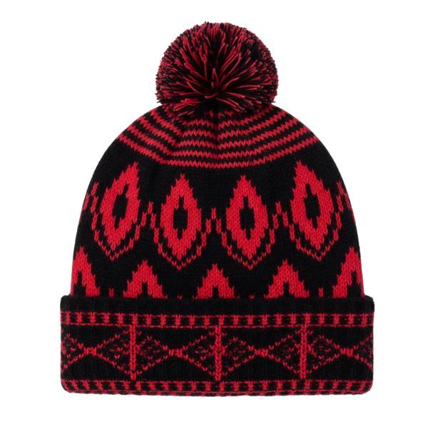 Black &amp; Red Geometric Patterned Knitted Beanie with Pom Pom - Winter Hat