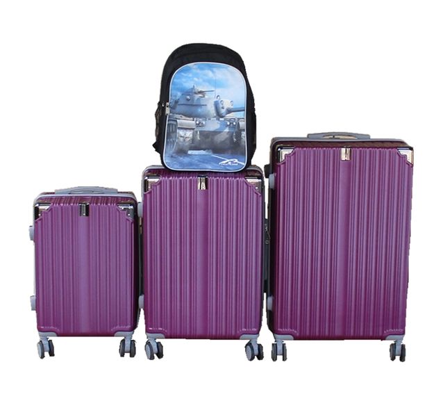 Purple 3-Piece ABS Luggage Set + Military Tank Design Backpack