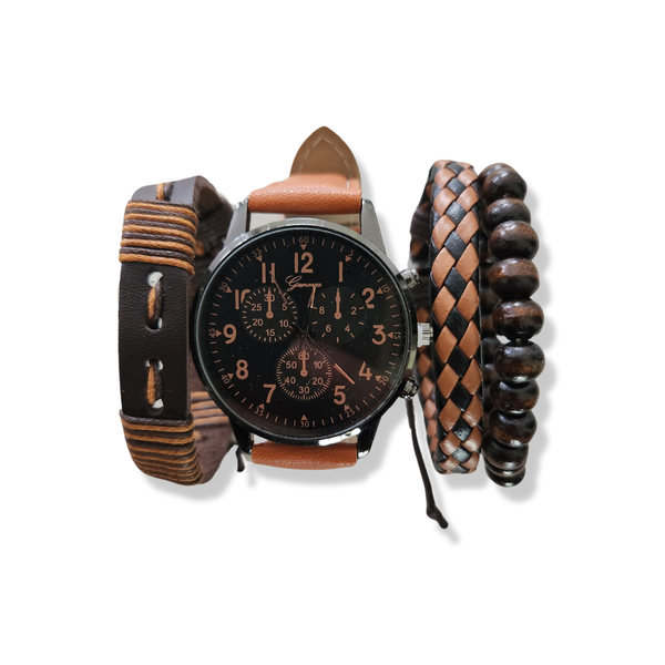 Rustic PU Leather Mens Watch and Bracelet Set - 4 Piece