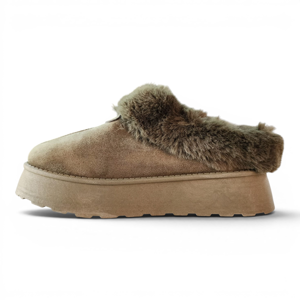 Women's Taupe Suede-Look Fur Collar Mule Slippers Slip-On Cosy Winter Shoe