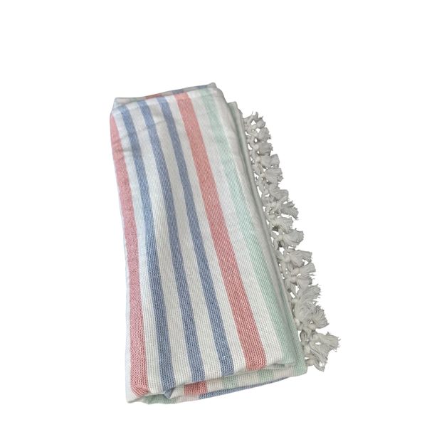 90 x 180 cm Striped Route Throw- Light Blue, Red &amp; White Tassel Blanket