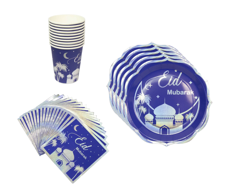 Eid Mubarak Disposable Tableware Set Blue&amp;Silver Foil Print Plate Cup