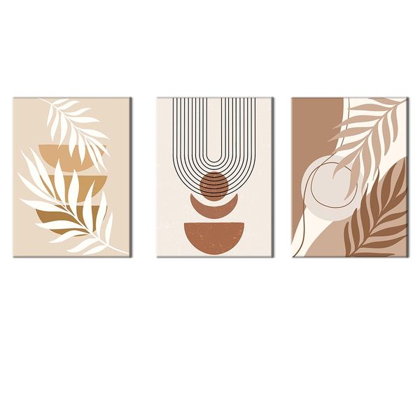 Canvas-Art-3 Pieces Beige &amp; Brown Palm Leaves Boho Circle Floral Wall Art