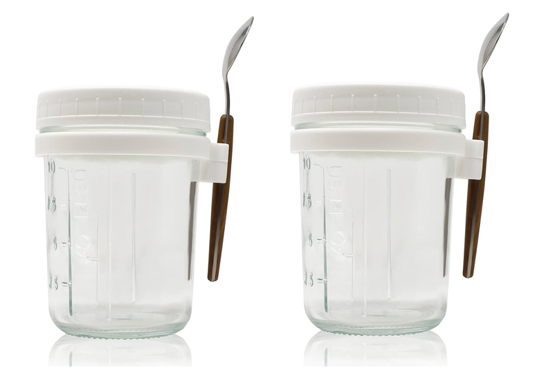 Overnight Oats Containers with Lids Spoons and Straws 350ml - Pack of 2 - White