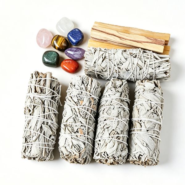 White Sage Smudge Sticks Wood Rods Crystal Rolling Stone Set for Meditation