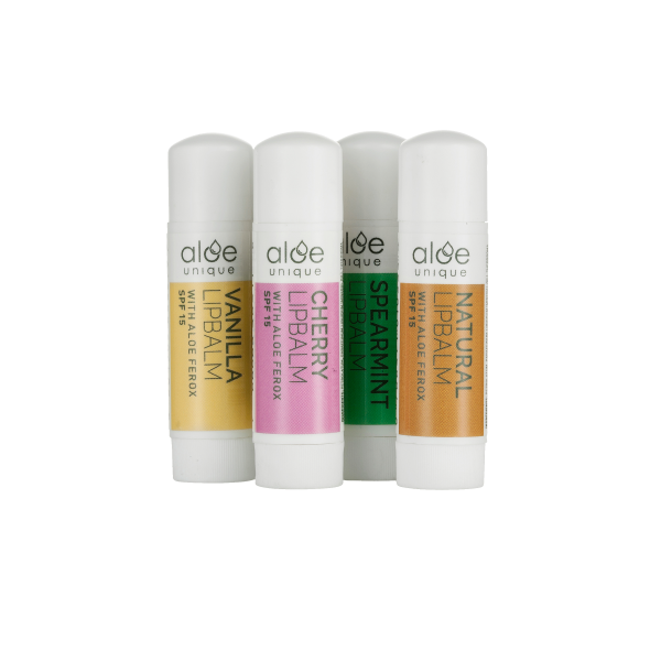 Aloe Unique Lip Balms 4 Pack - Cherry, Natural, Vanilla, Spearmint