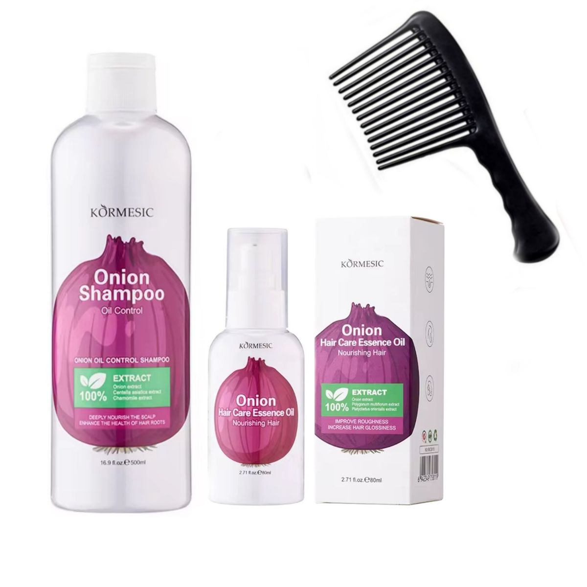Kormesic Onion Extract Hair Shampoo, Essence Oil & Wide Tooth Comb