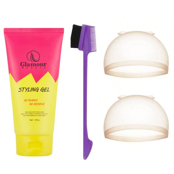 Glamour Styling Gel, 3-in-1 Edge Control Styling Brush &amp; 2 HD Wig Caps