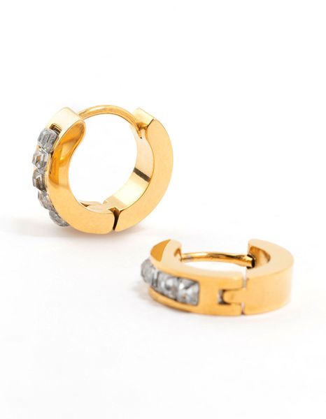 Lovisa Waterproof Gold Plated Stainless Steel Square Cut Diamante Huggie Earrings