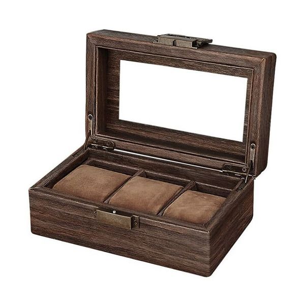 3 Grids PU Leather Display Storage Watch Organizer Box For Men-Brown