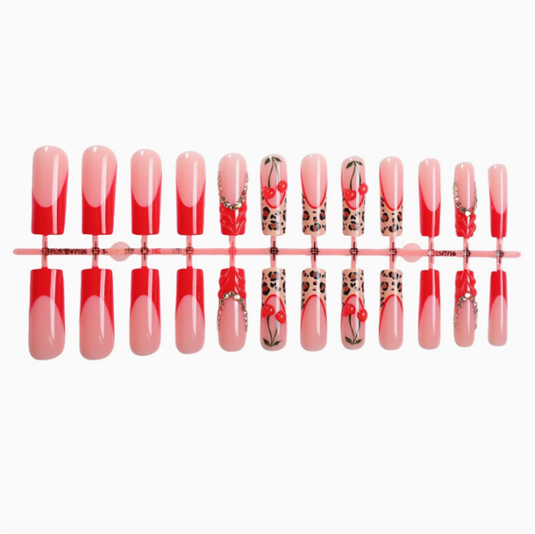 Salon Quality Handmade Gel Press-On Nails Long Coffin- Cherry Leopard Glam