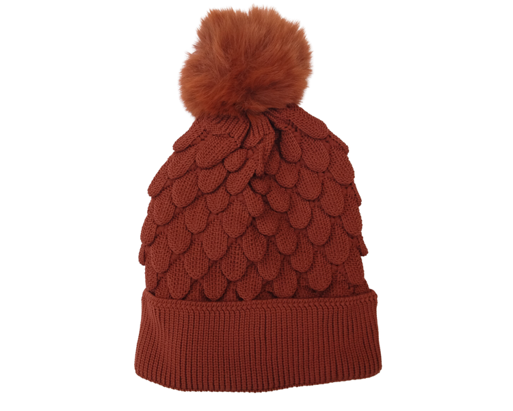 Chunky Knit Textured Scale Beanie with Pom-Pom