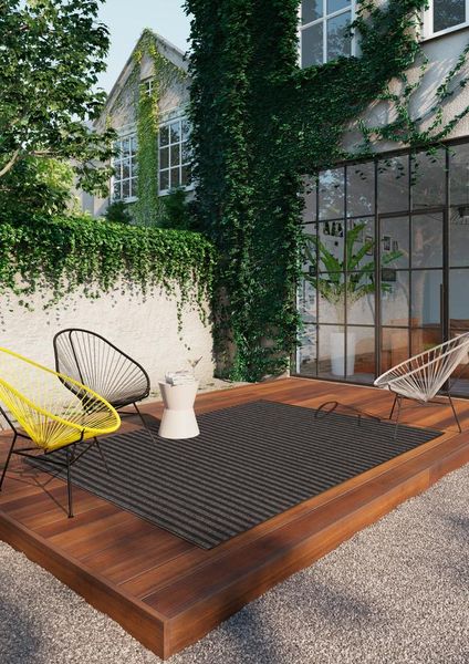 Rug Warehouse Poppy Plain Strips - Grey Black Stripe Patio-Grace